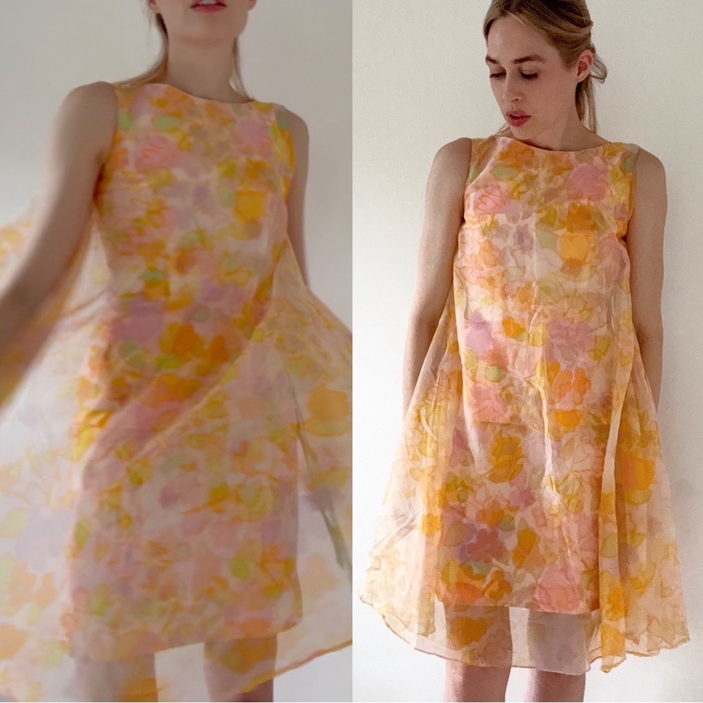 Vintage 60s Sheer Floral Overlay Dress Women’s Size Small